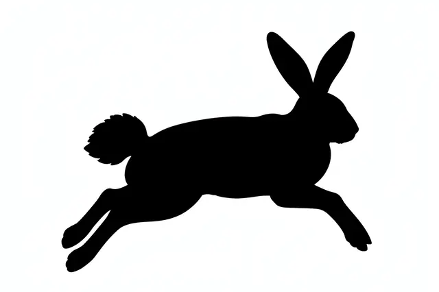 Solid black silhouette of a bounding hare against a plain white background