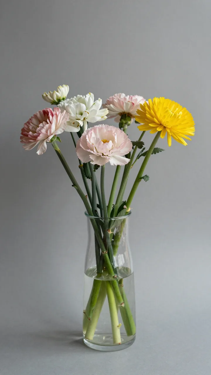 Mixed pink, white and yellow flowers arranged in a clear glass vase against a plain gray background
