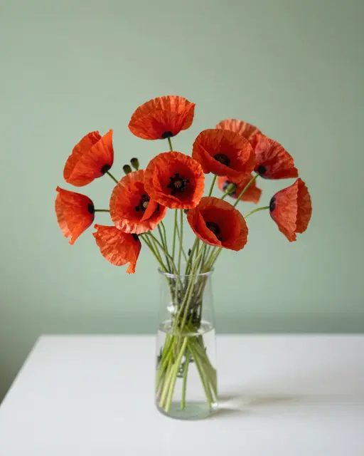 A loose bunch of bright red poppies sits in a clear glass vase on a white table against a pale green wall