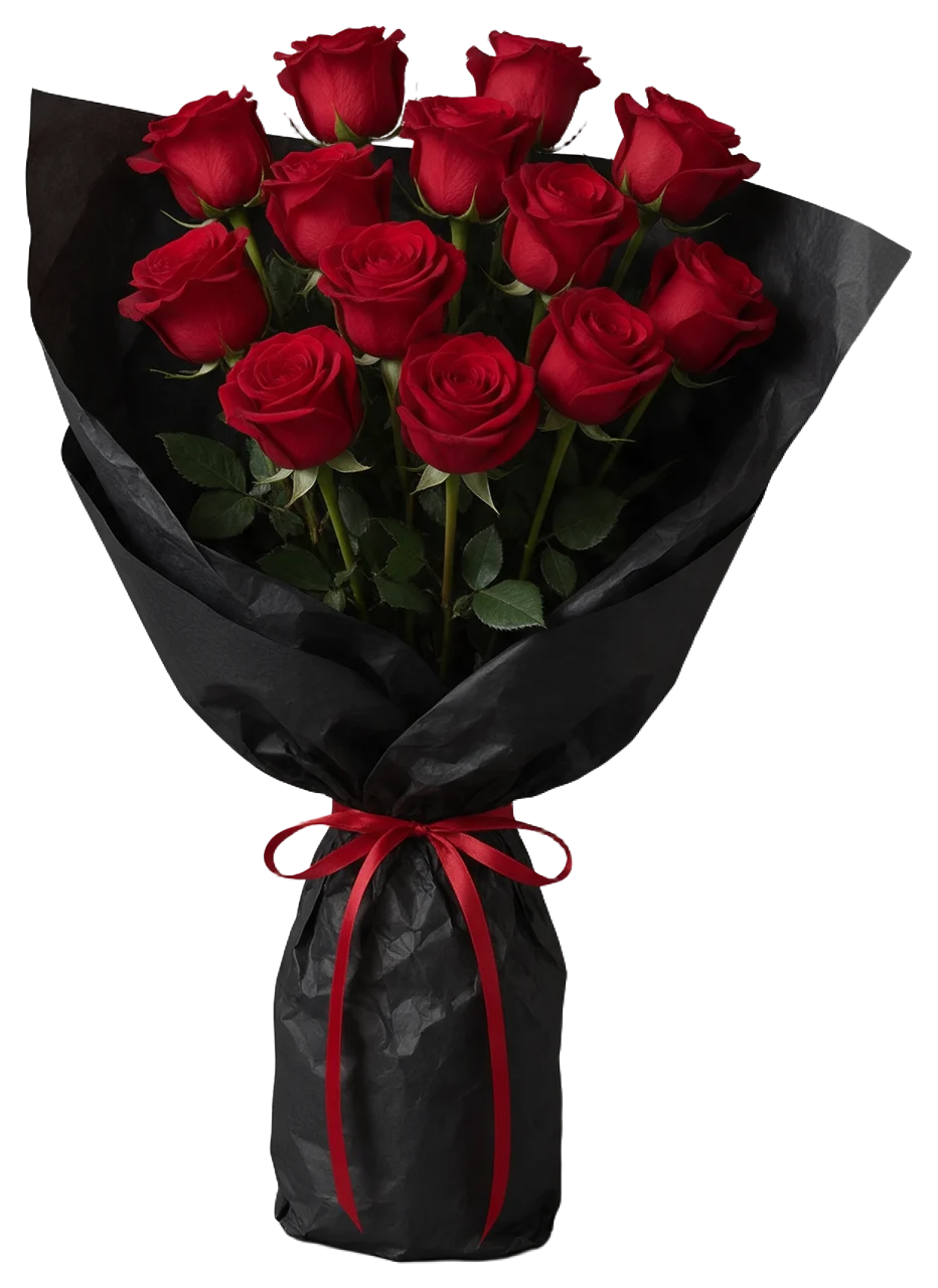 A dozen deep red long-stemmed roses wrapped in black paper and tied with a red satin ribbon