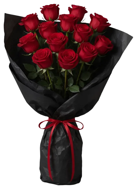 A dozen deep red long-stemmed roses wrapped in black paper and tied with a red satin ribbon