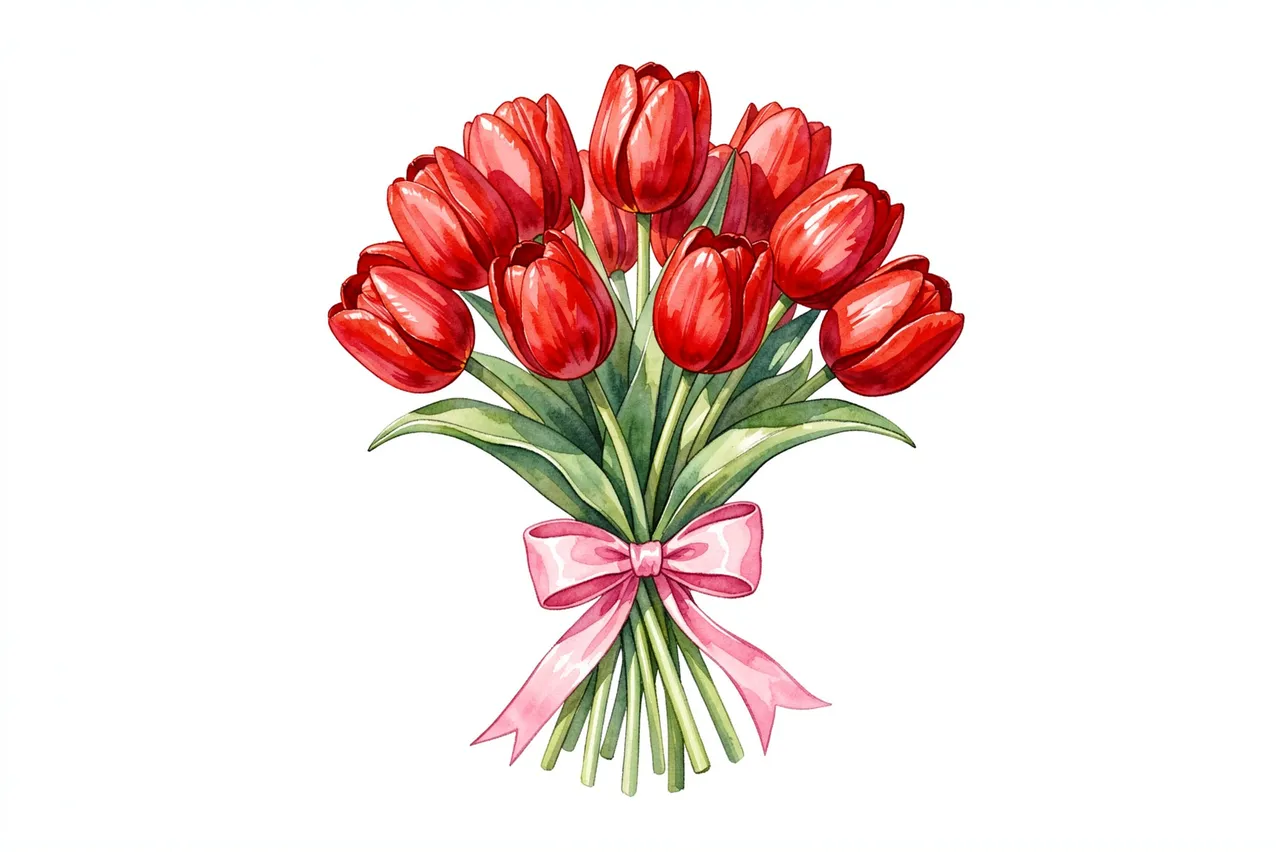 Watercolor illustration of a red tulip bouquet tied with a pink ribbon on a plain white background