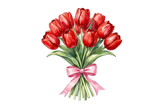 Watercolor illustration of a red tulip bouquet tied with a pink ribbon on a plain white background