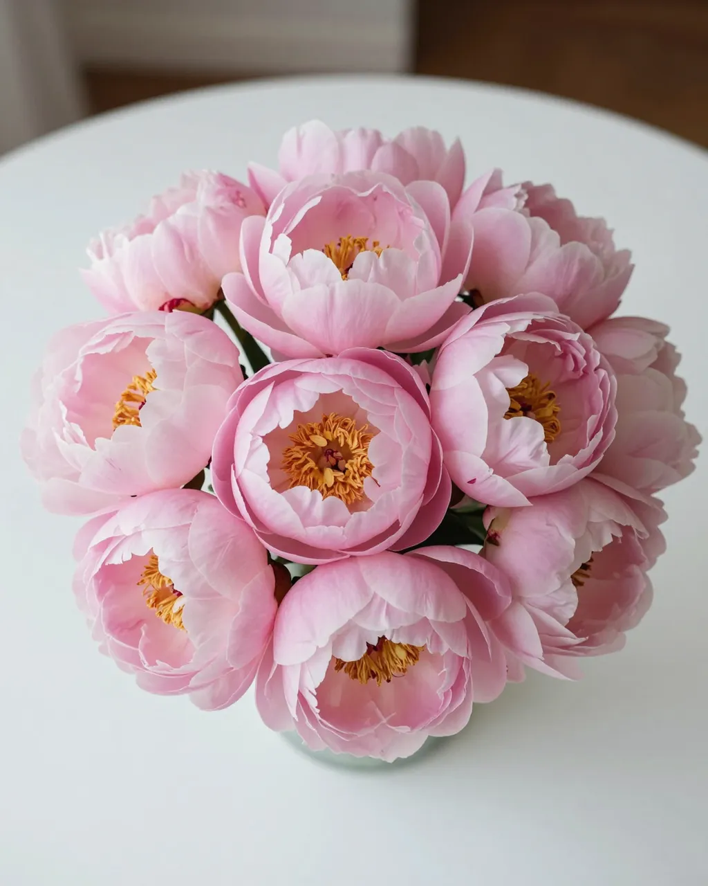 A lush round bouquet of soft pink peonies rests in a vase on a white round table.
