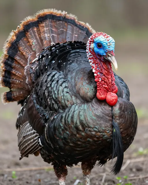 A close-up portrait of a male turkey standing on bare earth with a softly blurred outdoor background