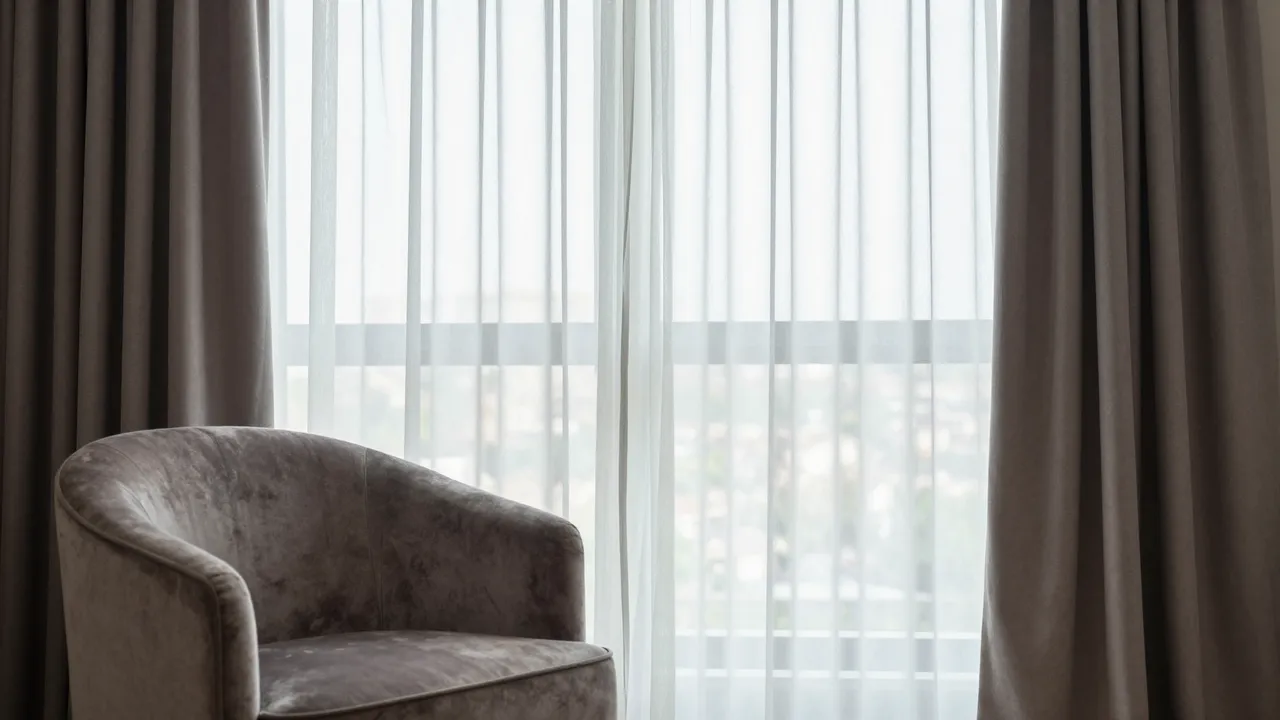 Plush gray velvet armchair sits beside a tall window with sheer and dark drapes