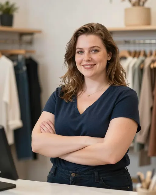 Smiling plus-size woman in her thirties stands with crossed arms behind a boutique counter