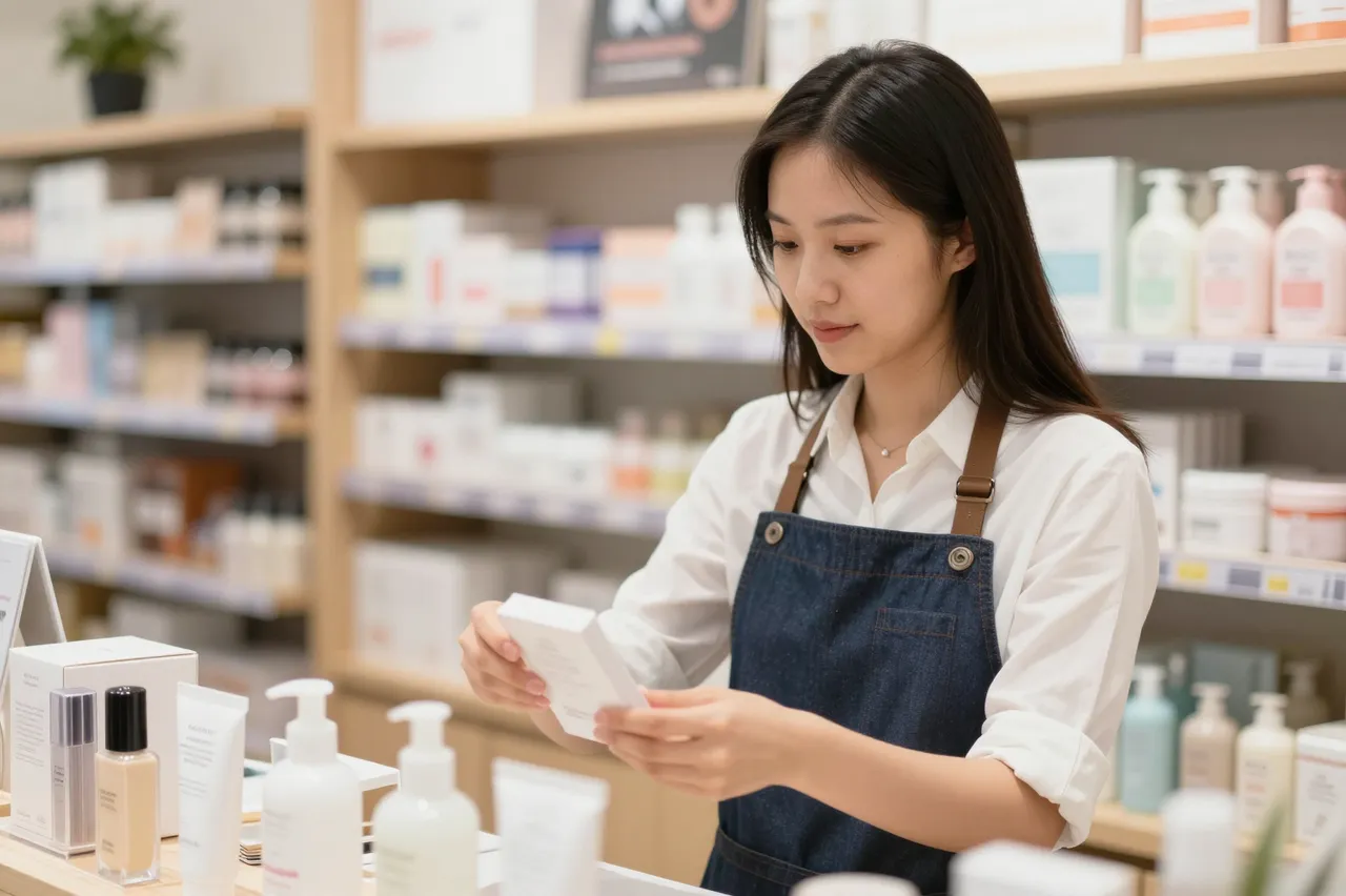 A female boutique shop employee in an apron examines a product box while standing at a skincare retail counter.