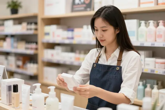A female boutique shop employee in an apron examines a product box while standing at a skincare retail counter.