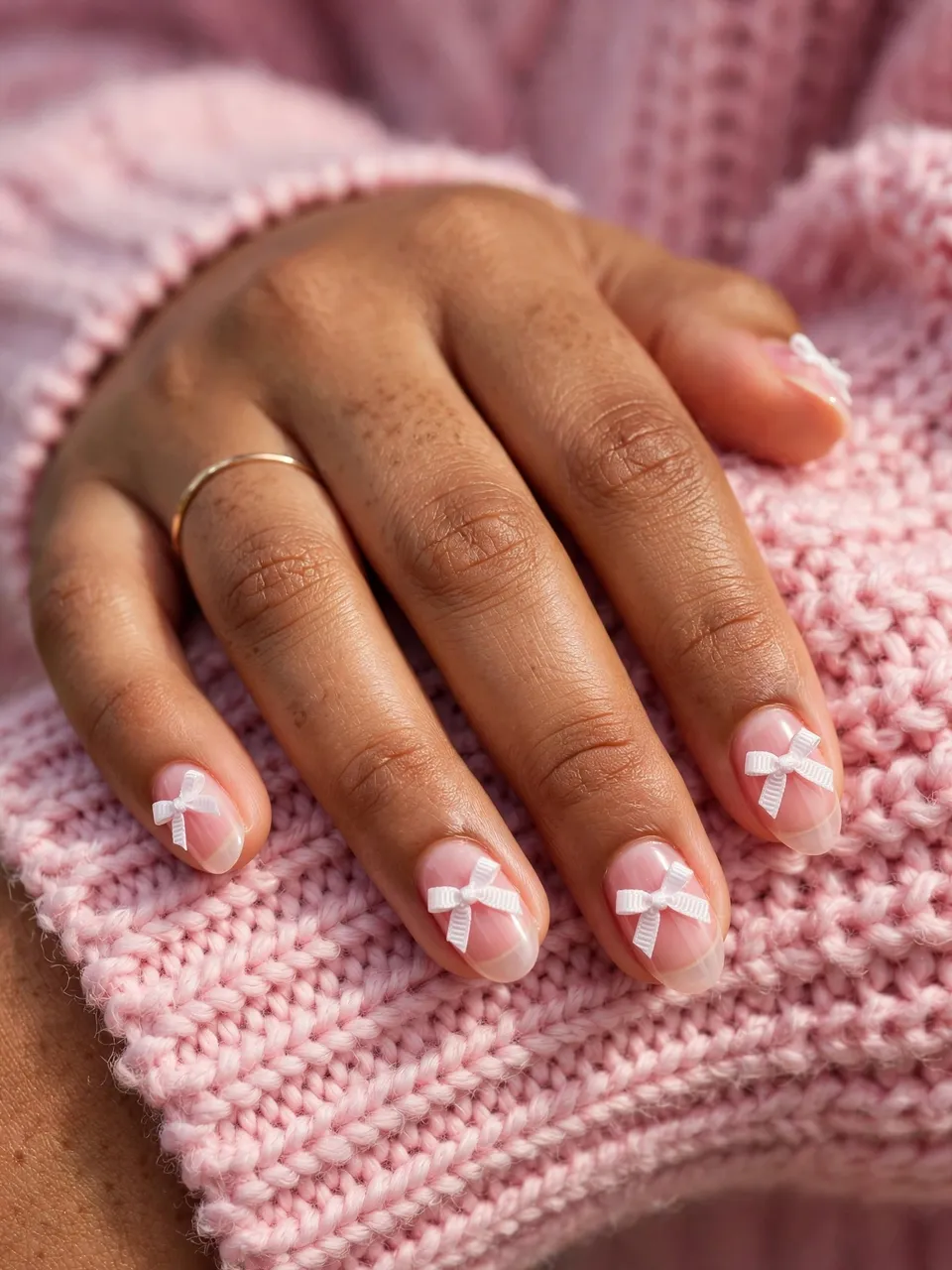 A close up of a hand with almond nail art featuring tiny white bows resting on a pink knit sweater