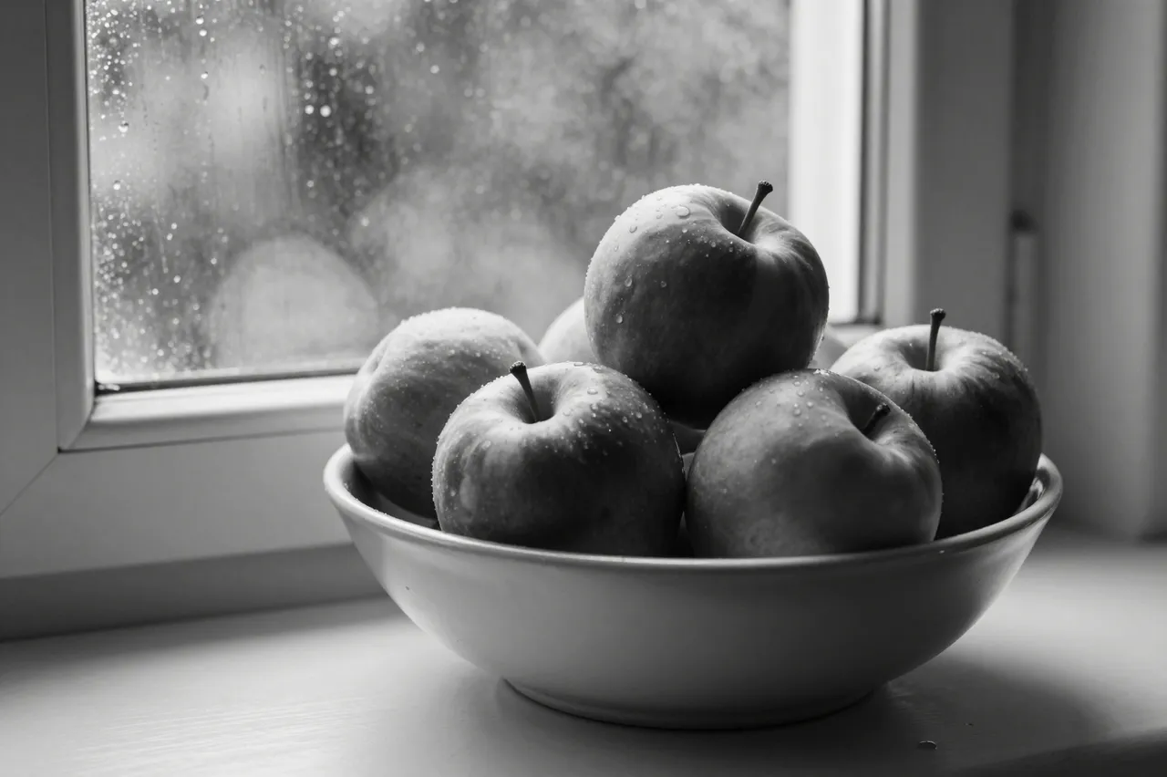 Black and white still life of a bowl of fresh apples sitting on a sill beside a rain-streaked window
