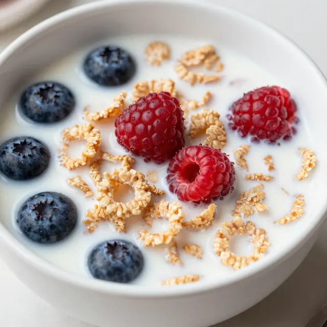 Close-up of a white bowl filled with cereal, milk, plump blueberries and bright raspberries.