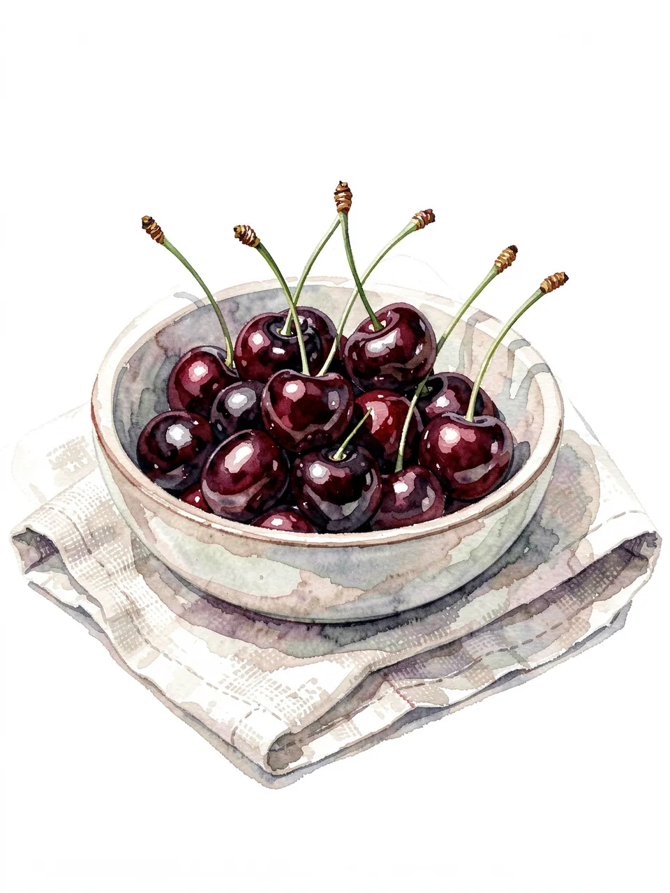 Watercolor painting of a bowl of glossy dark cherries resting on a folded linen cloth against a white background