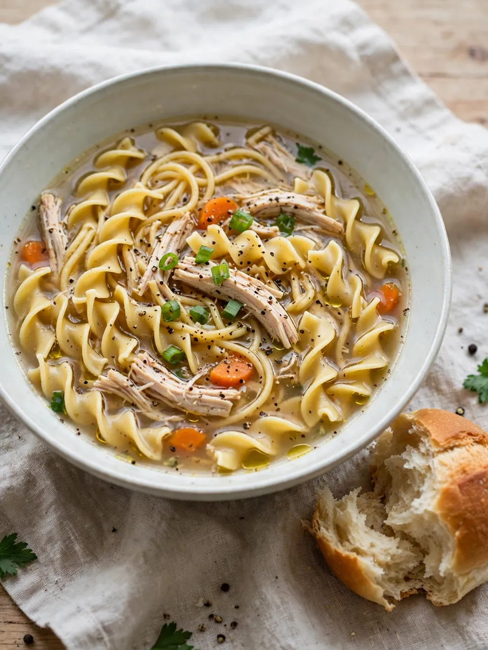 Wide bowl of chicken noodle soup next to a torn bread roll on a linen cloth over wood