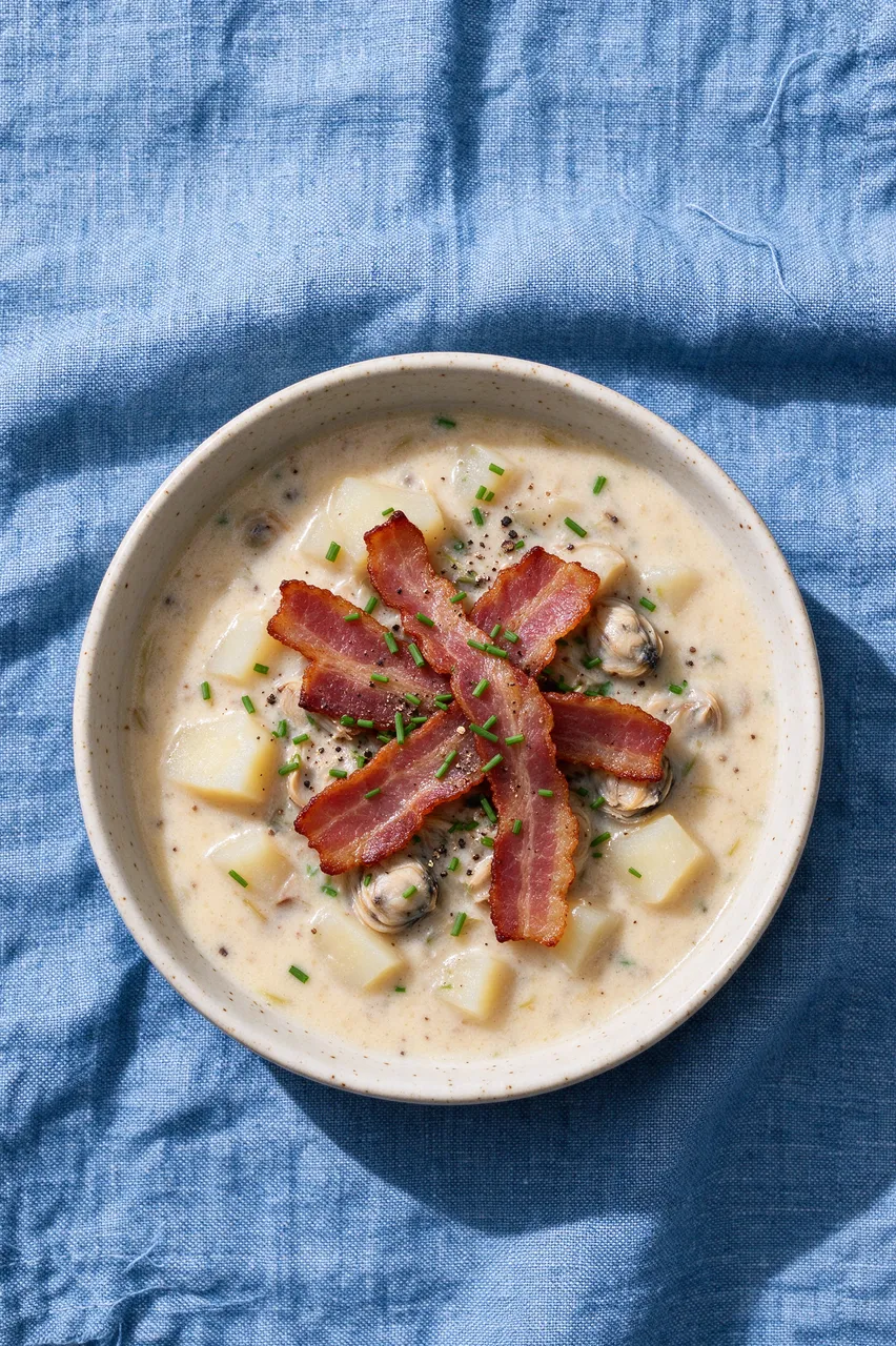Overhead view of speckled bowl of clam chowder topped with bacon, chives and pepper on blue linen