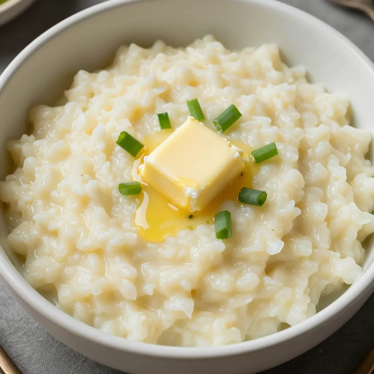Top view of a white bowl holding creamy colcannon topped with melting butter and sliced green onions