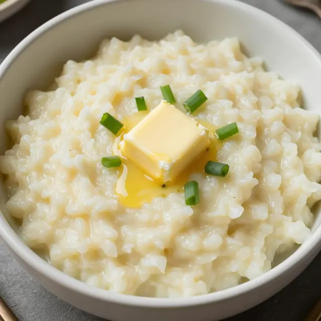 Top view of a white bowl holding creamy colcannon topped with melting butter and sliced green onions