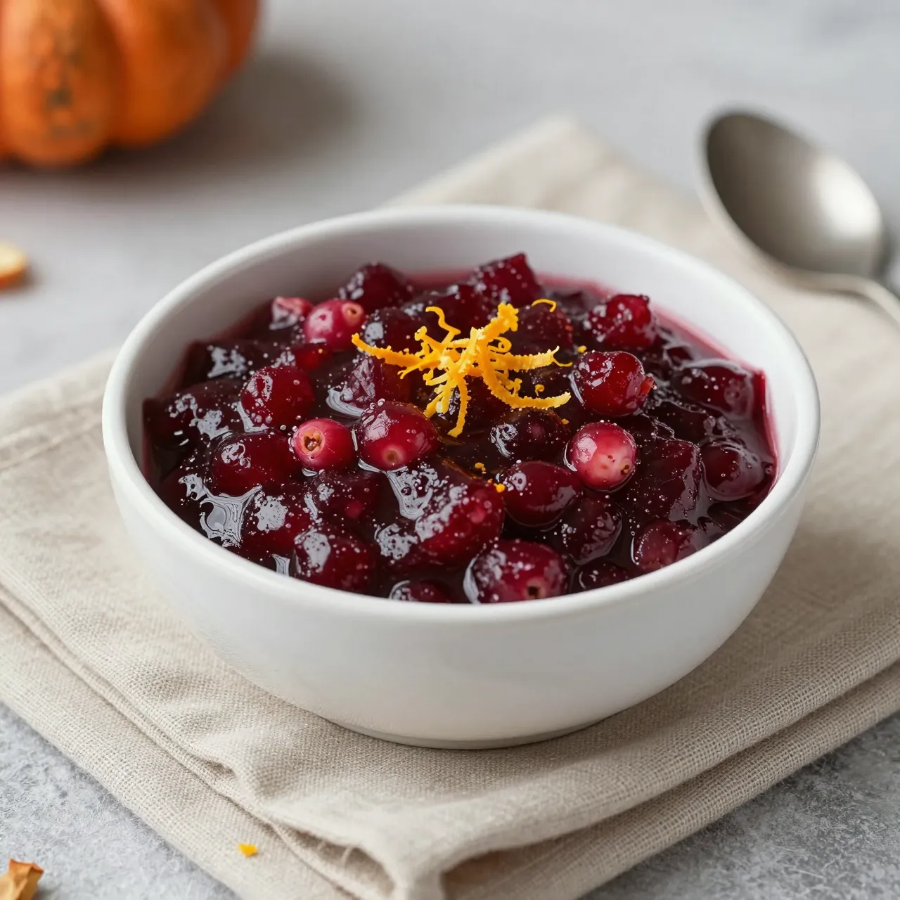 White bowl of homemade cranberry sauce topped with orange zest rests on a linen napkin beside a metal spoon.