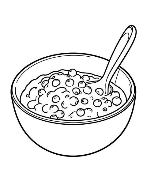 Black and white bold line art of a bowl of cranberry sauce with a resting spoon on a plain white background