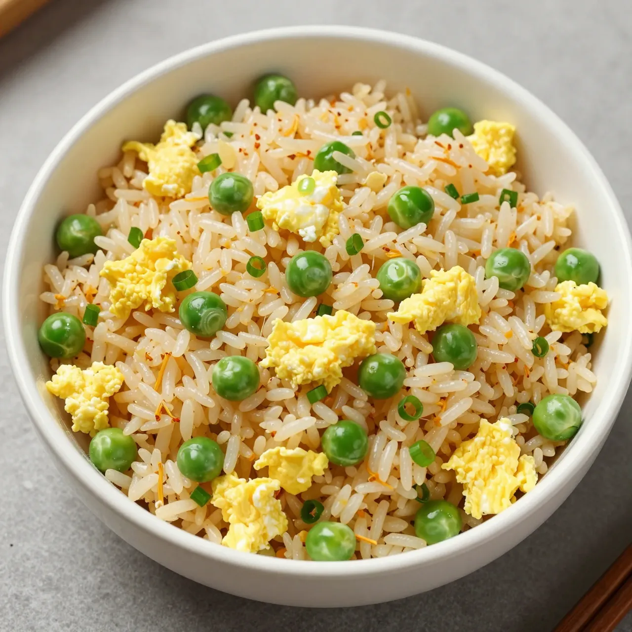 Top view of a white bowl of egg fried rice with peas, scallions, and egg scramble resting on a gray countertop