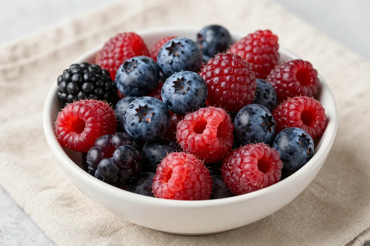 A white ceramic bowl filled with fresh raspberries, blueberries and blackberries rests on a beige linen cloth.