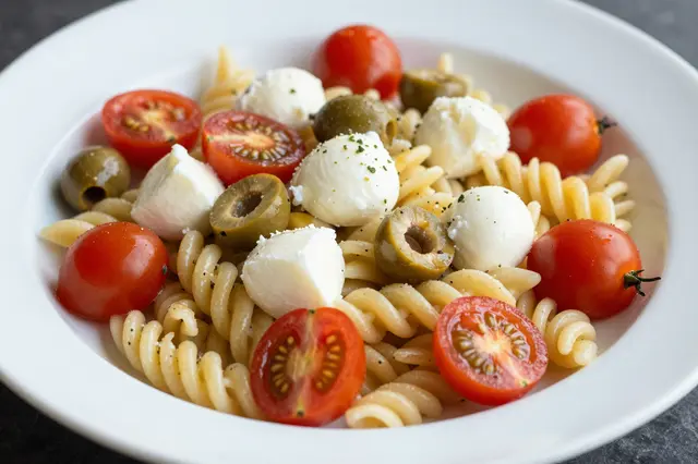 A white bowl holds fusilli pasta salad topped with cherry tomatoes, green olives, mozzarella and herb seasoning.
