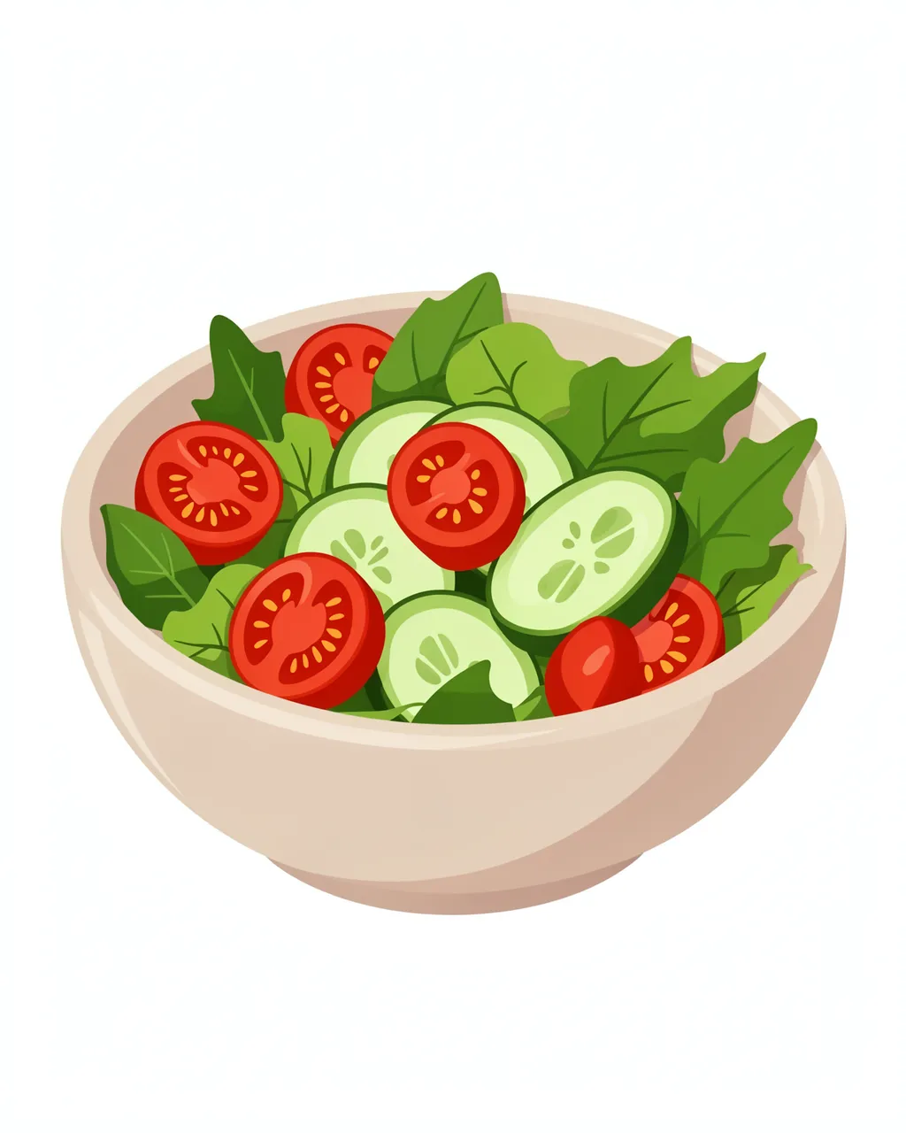 A light beige bowl holds fresh salad with sliced cherry tomatoes, cucumber rounds, and leafy greens against a plain white