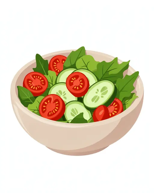 A light beige bowl holds fresh salad with sliced cherry tomatoes, cucumber rounds, and leafy greens against a plain white