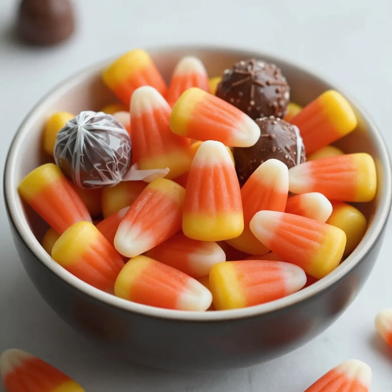 A small ceramic bowl filled with candy corn and assorted chocolate treats rests on a light neutral countertop.