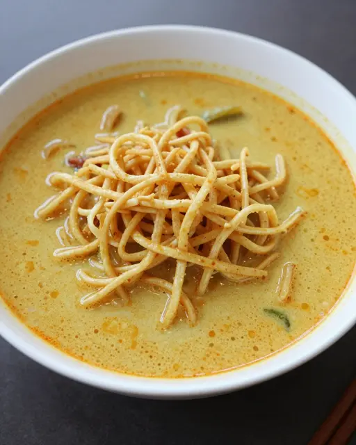 A close-up of a white bowl holding creamy golden khao soi curry topped with crispy noodles.
