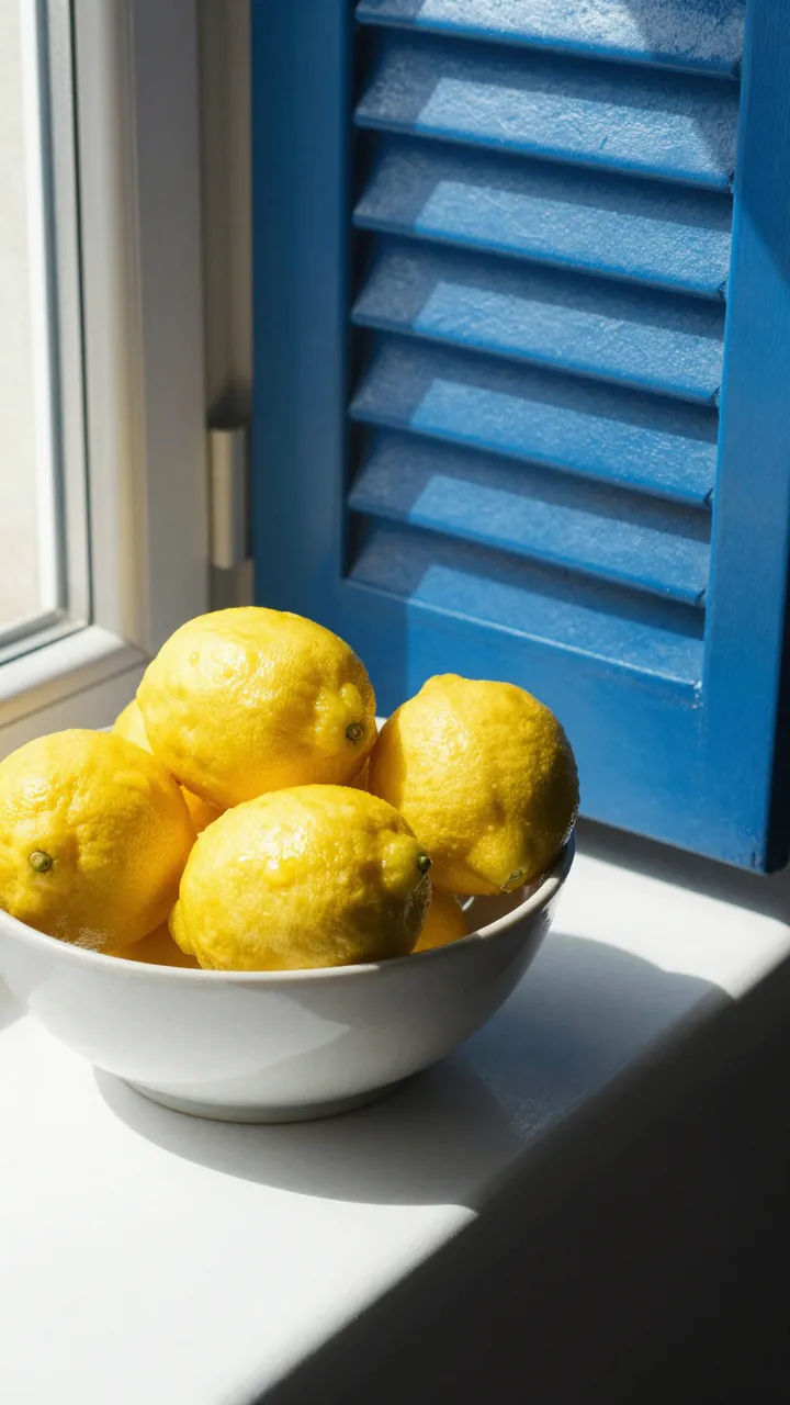 A white bowl of fresh yellow lemons sits on a sunlit windowsill next to a blue louvered shutter