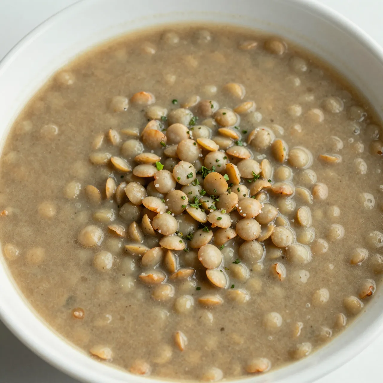 High angle close-up of a white bowl of creamy lentil soup garnished with fresh chopped herbs.