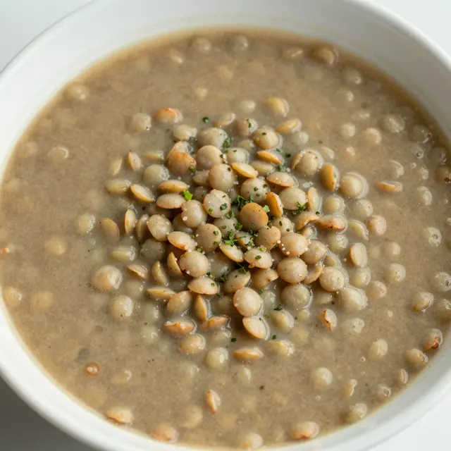 High angle close-up of a white bowl of creamy lentil soup garnished with fresh chopped herbs.