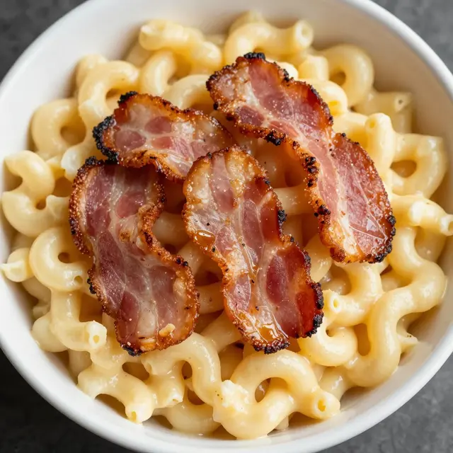 Top down view of a white bowl of creamy mac and cheese topped with crispy cooked bacon slices