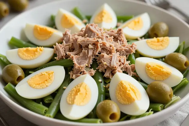 Close-up of a white bowl holding a composed Nicoise salad with tuna, hard-boiled egg wedges, green beans and olives