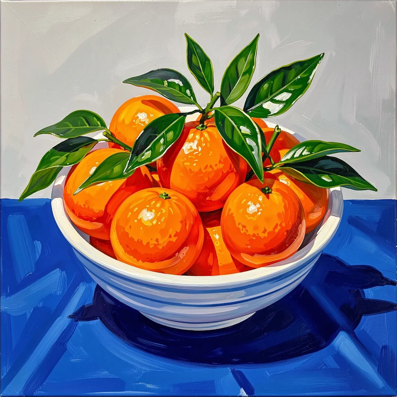 Acrylic still life painting of a striped bowl of bright oranges with glossy green leaves resting on a blue tablecloth
