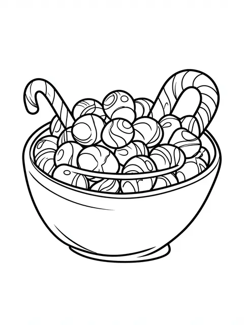 Black and white bold line art of a bowl filled with round peppermint candies and candy canes on a plain white background