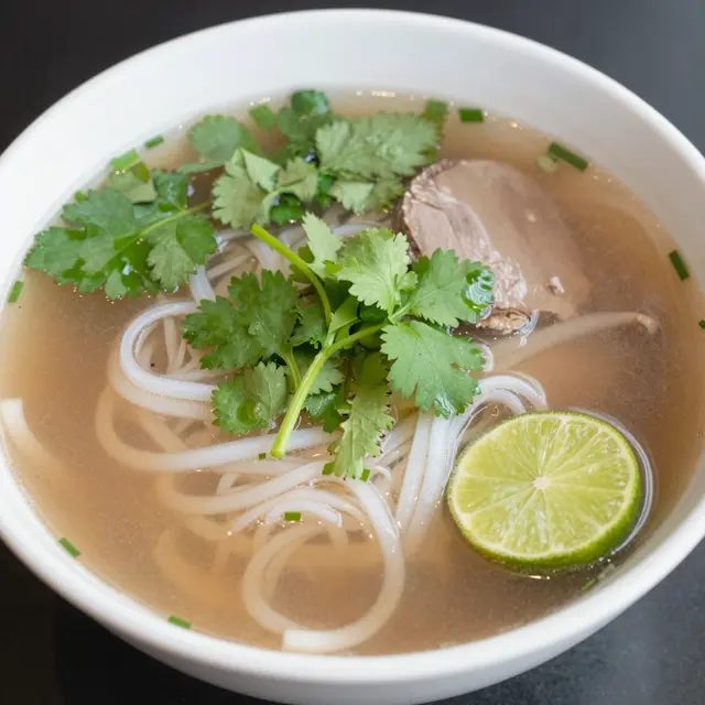 White bowl of pho soup topped with cilantro, a lime wedge, rice noodles, and cooked beef on a dark table.