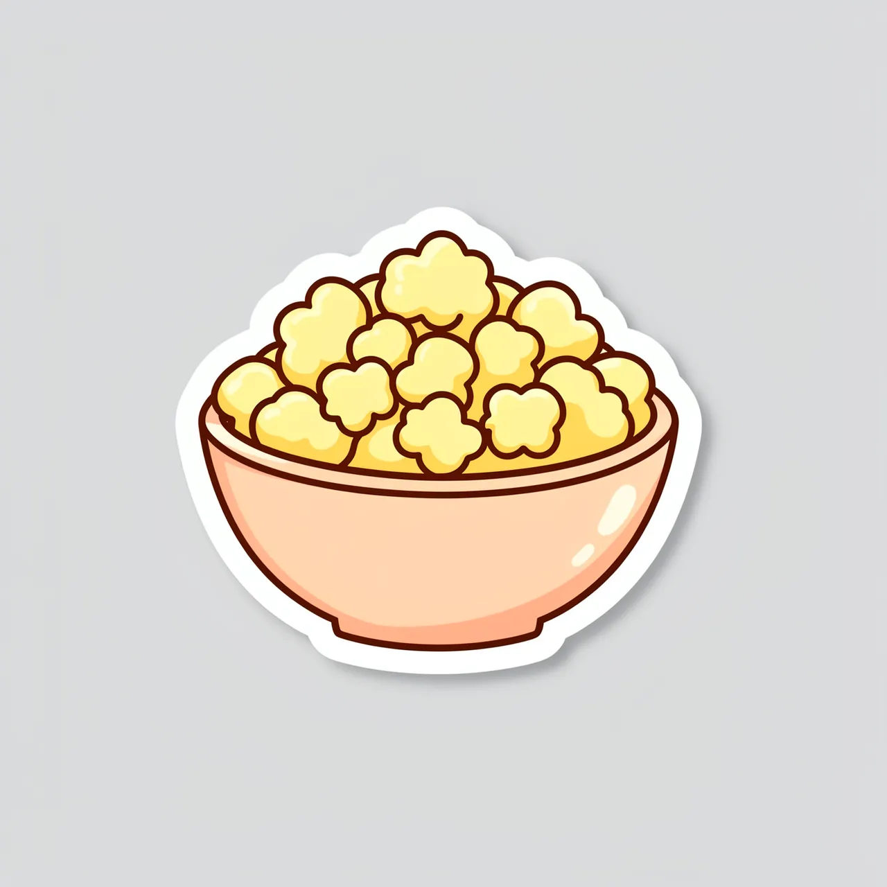 Cute flat illustration sticker of a peach bowl full of buttery popcorn with a white border on a light gray background