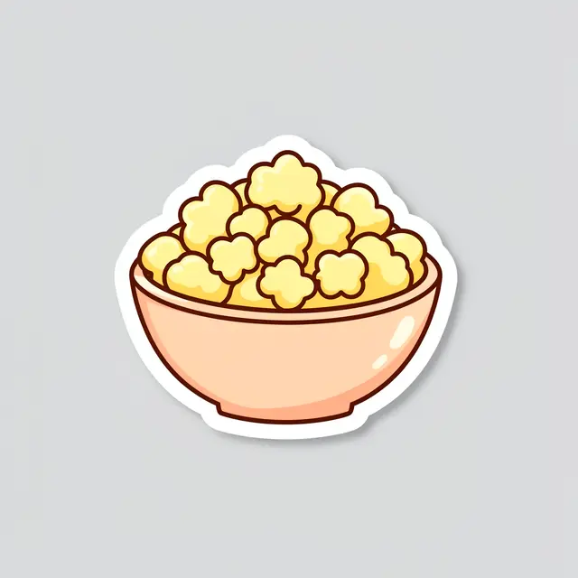 Cute flat illustration sticker of a peach bowl full of buttery popcorn with a white border on a light gray background