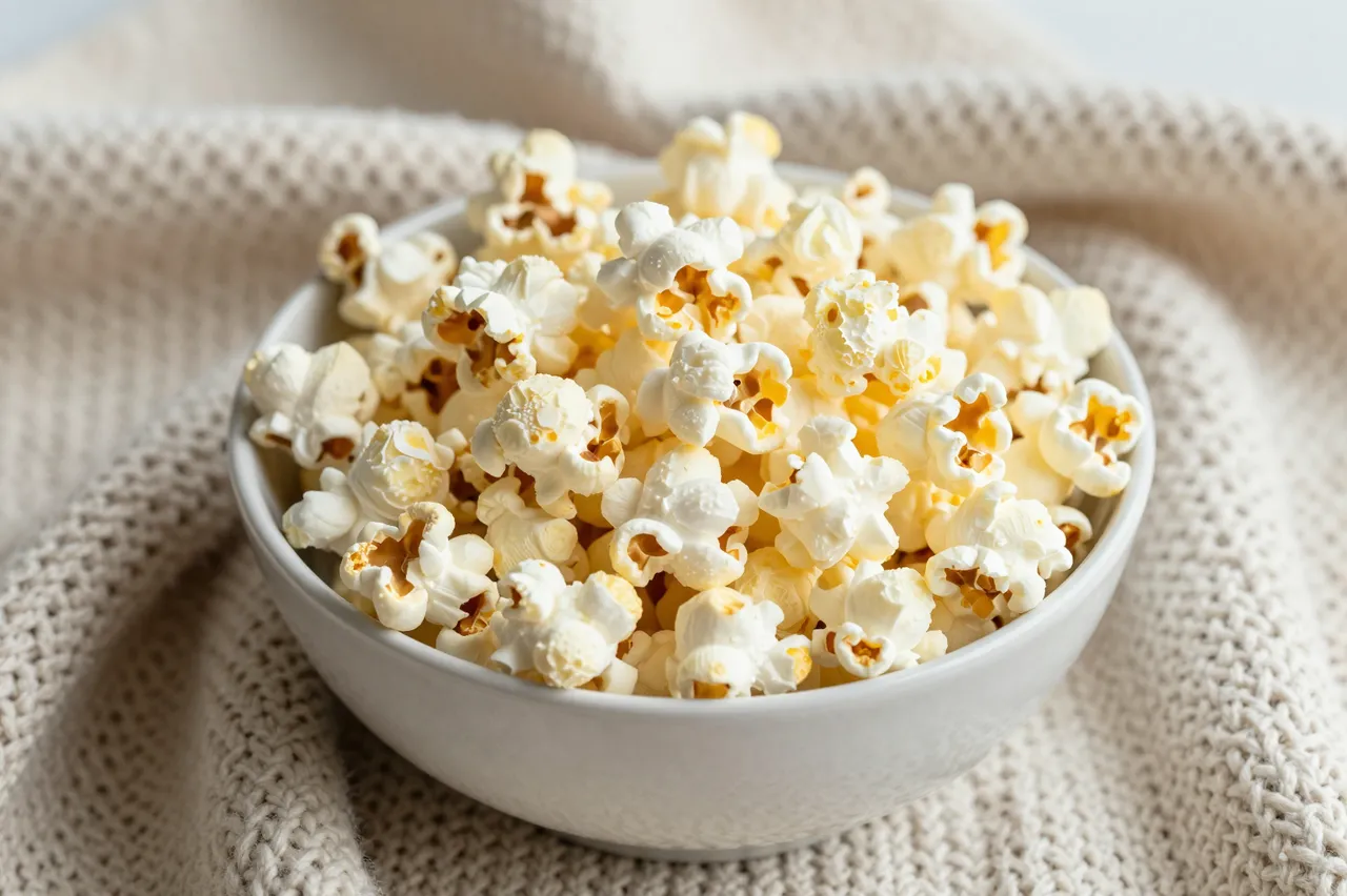 A white bowl of buttery popcorn rests on a soft beige knitted blanket.