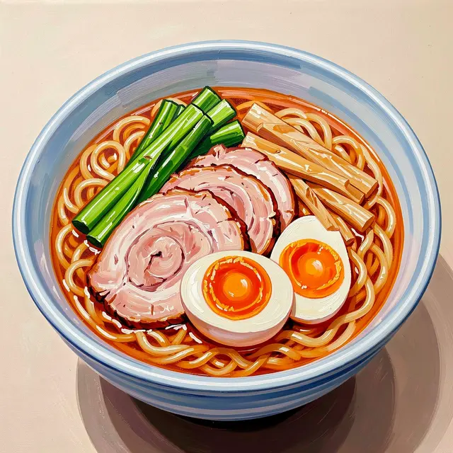 Bold acrylic painting of a ramen bowl topped with pork, soft boiled egg, green onions and bamboo shoots on a light beige