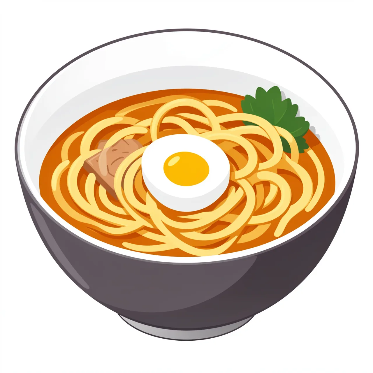 Flat illustration of a ramen bowl topped with a halved boiled egg, noodles, meat and a herb garnish.