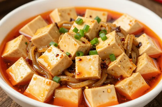 Close-up view of a white bowl holding mapo tofu in red chili sauce topped with fresh scallions