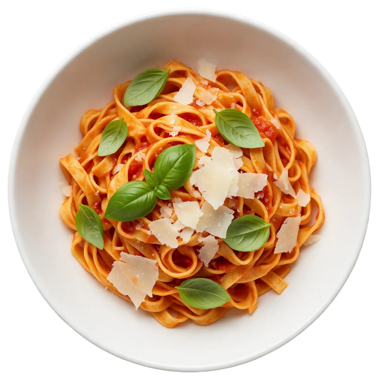 Top-down view of a white bowl of tagliatelle with tomato sauce, basil and shaved parmesan