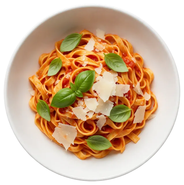 Top-down view of a white bowl of tagliatelle with tomato sauce, basil and shaved parmesan