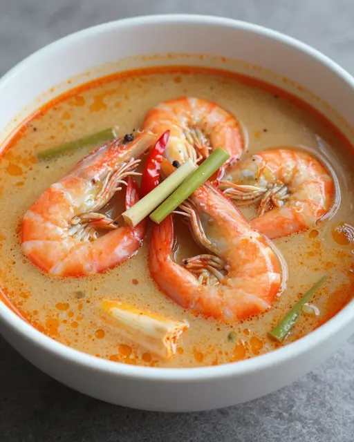 A white bowl holds creamy tom yum soup topped with whole shrimp, lemongrass, and red chili on a gray countertop.
