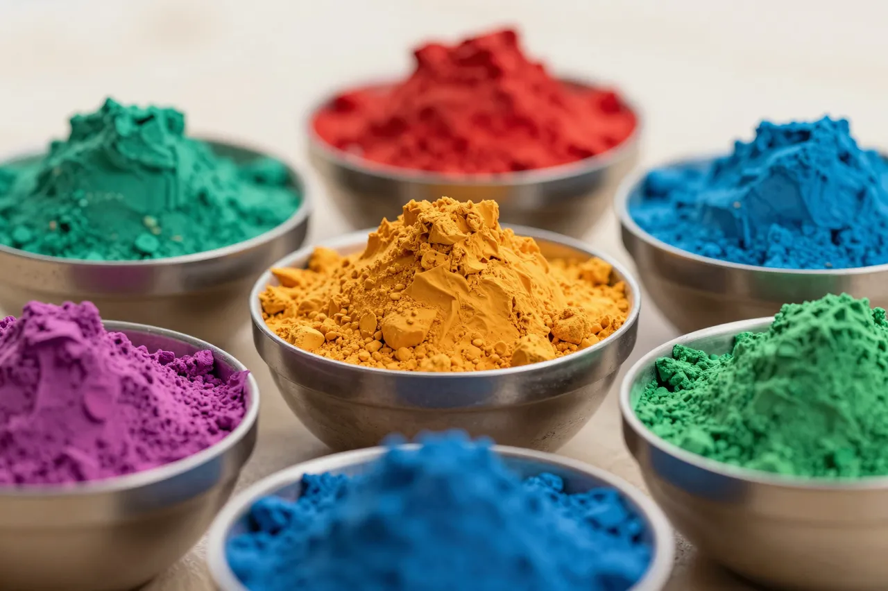 Metal bowls filled with vibrant piles of holi powder arranged on a light neutral surface