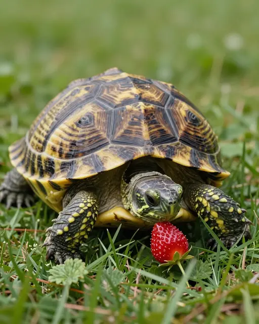 A box turtle with a patterned yellow and brown shell rests in grass next to a wild strawberry it appears to be eating