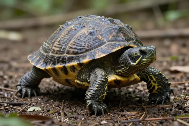 A patterned box turtle walks slowly across a dirt and leaf litter forest floor